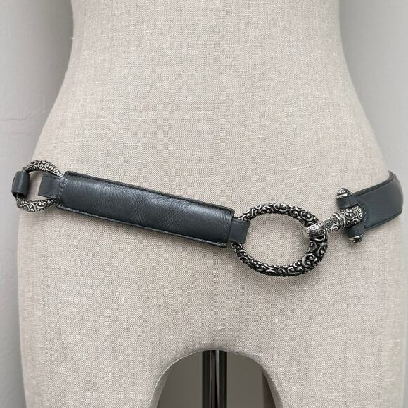 Brighton Pewter Gray Leather Belt Silver Tone Scroll Buckle Oval Concho 36 - Picture 2 of 12